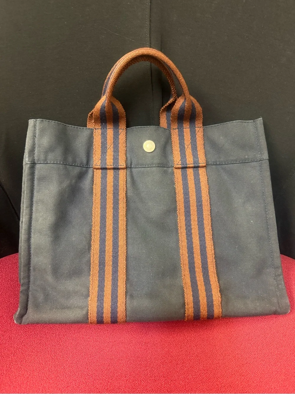 Hermes Small Navy Canvas Tote with Brown Striped Handles - Picture 1 of 16